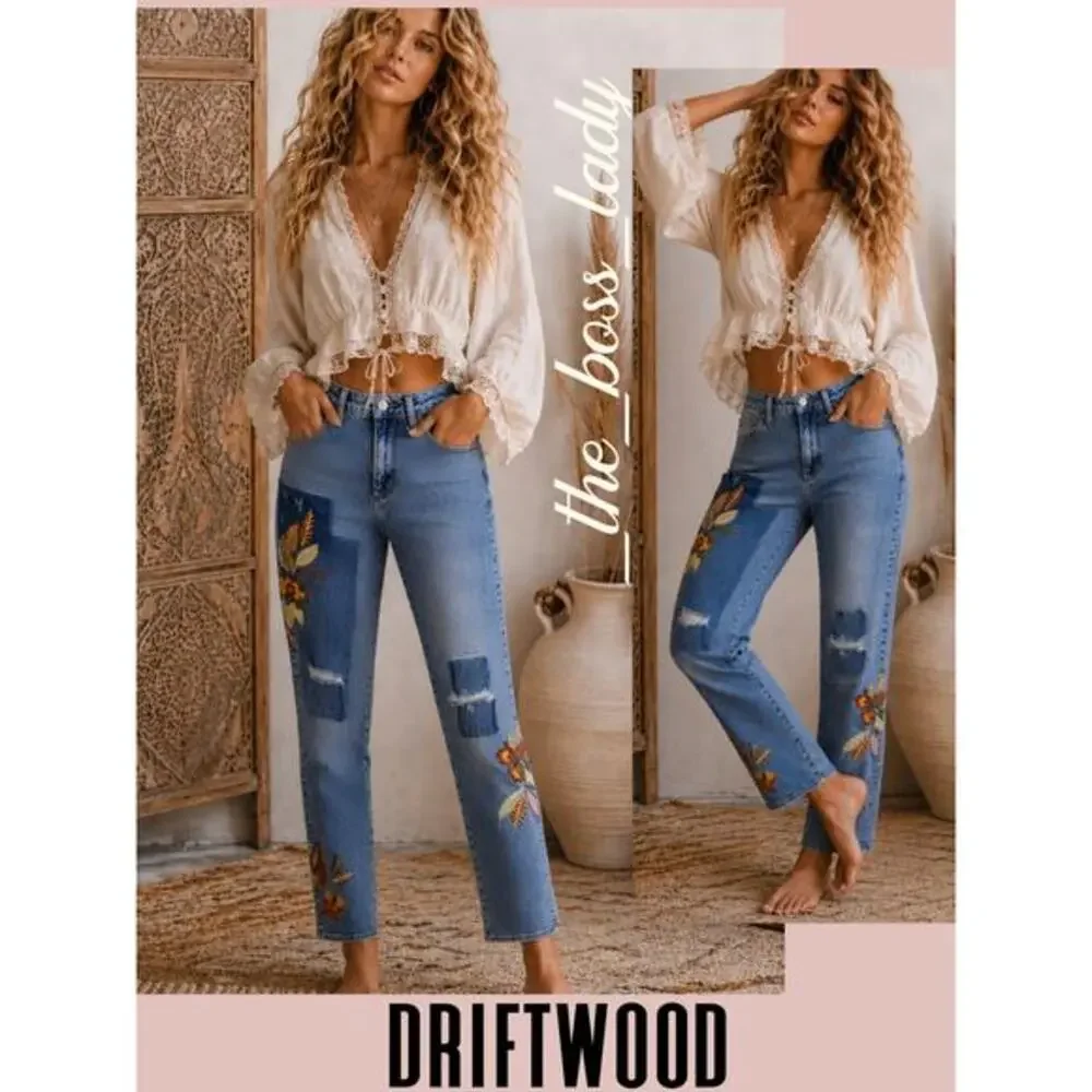 Driftwood x Free People jeans floral embroidery patchwork ankle pants boho 24